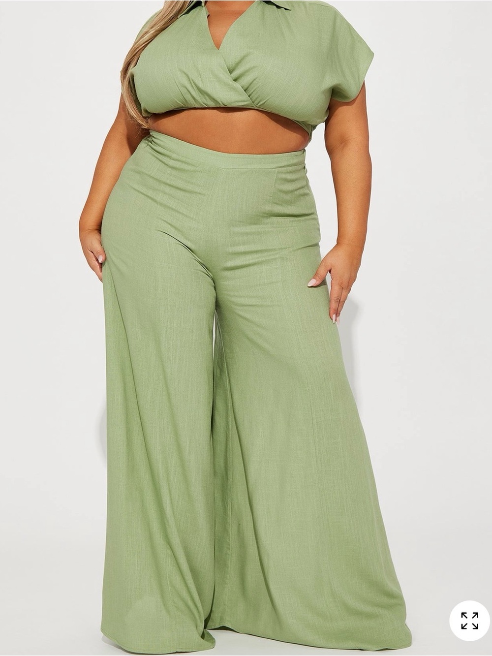 Sage Green Wide-Leg Linen Blend Pants and Crop Top Set